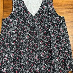 Black Floral V-Neck Sleeveless Top with Pink Accents